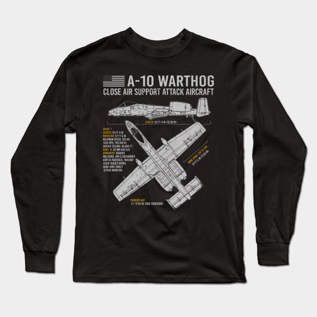 A-10 Warthog Blueprint US Aircraft Plane USAF Airplane Long Sleeve T-Shirt by BeesTeez